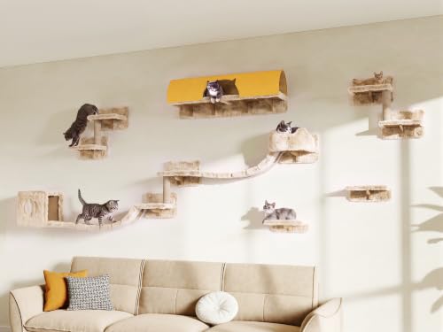 16-in-1 Cat Wall Shelves, Cat Furniture w/Tunnel & Bridge, Beige (Beige / 16-in-1)