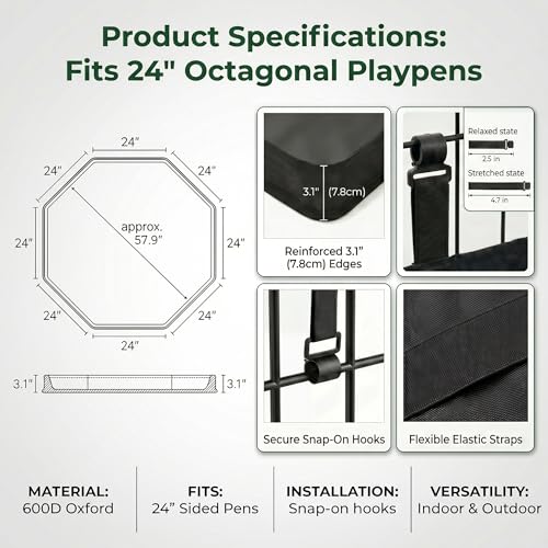 2-in-1 Octagonal Dog Playpen Bottom Pad for 24" Side Pen, Black (Black / No Pen: 00-Inch High)