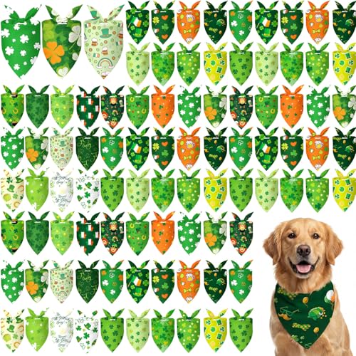 100 Pcs St Patrick's Day Dog Bandanas Bulk Green Shamrocks Bandanas for Dog Triangle Kerchief Bib Scarf for Pet Irish Costume Photo Props Accessories Pet Shops (St Patricks Day / 25.6 x 17.7 x 17.7 Inch)