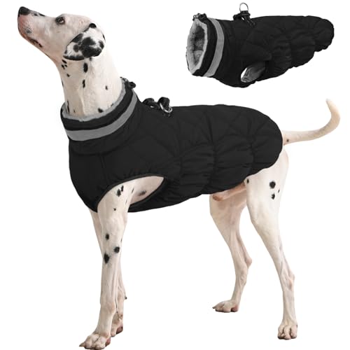Dog Winter Coat Fleece Warm Large Dog Coat with Harness Built in (Solid Black / L(chest:24in))