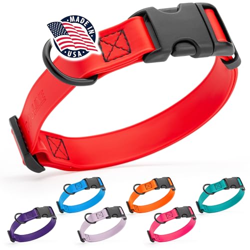 Biothane Waterproof Dog Collar with Quick Release Buckle Strong Coated Nylon Webbing with Odor (5/8"W by 10-14"L / Cherry Red)