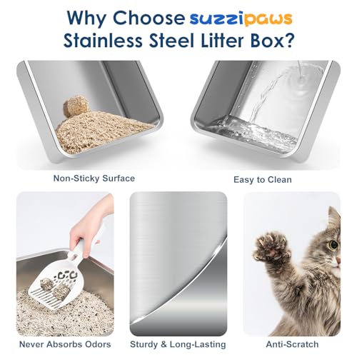 XL Enclosed Stainless Steel Cat Litter Box for Big Cats (Light Grey & Sliver / Large)