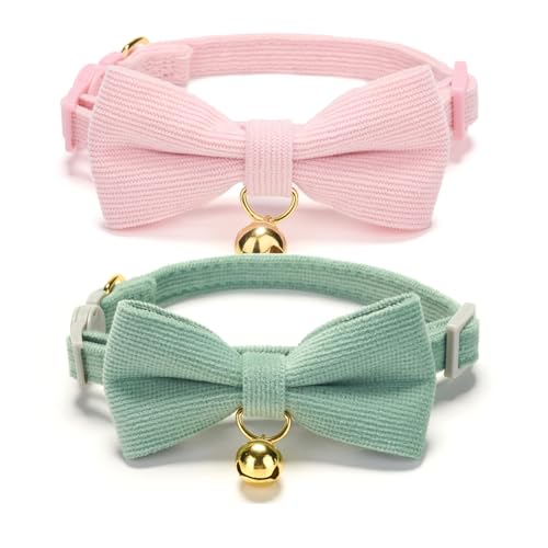 2 Pack Soft Corduroy Cat Collars with Bow Tie & Bell Adjustable Breakaway Kitten Bowtie Collar for Female Male Cats (S:Neck 7.0" - 11.0" / Corduroy-Pink Grass Green)