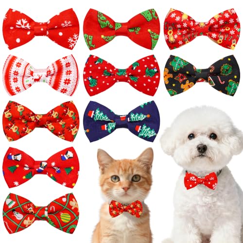 10 Pack Christmas Dog Bowties for Small Dogs Sliding on Collar (S/M)