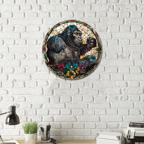 Metal Sign Tin Sign Circular Stained Glass Gorilla Wall Art for Club 12×12 Inches (12×12 Inches / Gorilla-1)