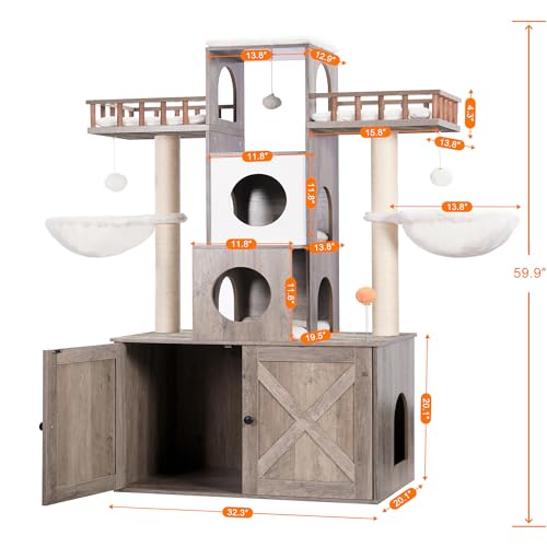 Cat Tree with Litter Box Enclosure for Indoor Big Cat HCT110SG (Rustic Gray / 60 inch)