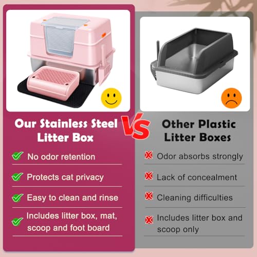 Pink Stainless Steel Covered Cat Litter Box (Pink((With Mat&Step))