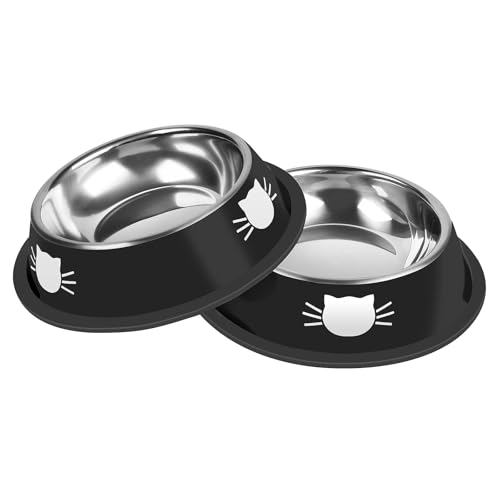 2 Pcs Non Slip Stainless Steel Small Cat Food Bowls (Black / 13 oz)