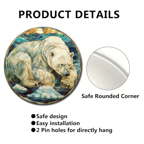 Metal Sign Tin Sign Circular Stained Glass Polar Bear Bar Signs for Home Decor for Pet 12×12 Inches (12×12 Inches / Polar Bear-2)