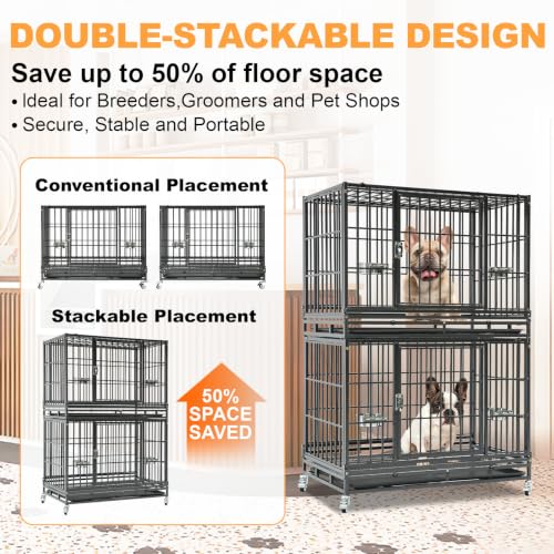 37" Two Tier Heavy Duty Stackable Dog Crate with Wheels (37.0"L - 2 Tiers - 1P)