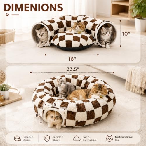 Cat Tunnel Bed with Washable Cushion for Indoor Cat (Brown)