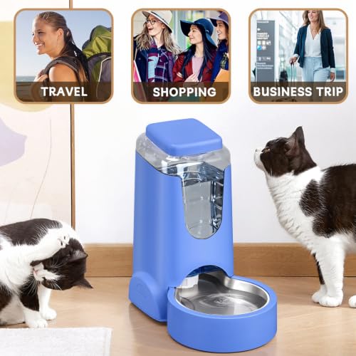 Portable Automatic Cat Feeder and Water Dispenser with Stainless Steel Bowl Dog Gravity Food Feeder and Waterer for Small Medium Pets Puppy Kitten 1 Gallon x 2 (Sapphire Blue)