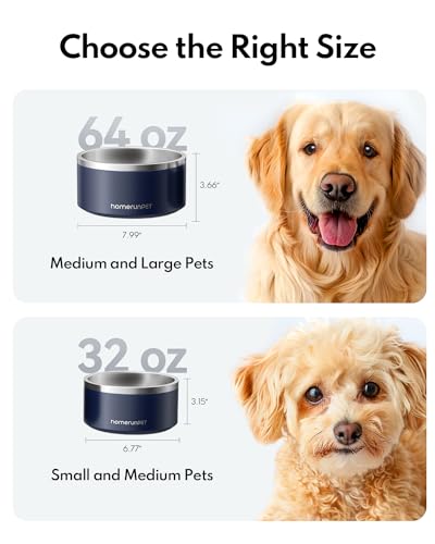 Dog Bowls Durable Dishwasher Safe Double Wall Metal Insulated Stainless Steel Food Water Bowls with Non (32oz / Navy)