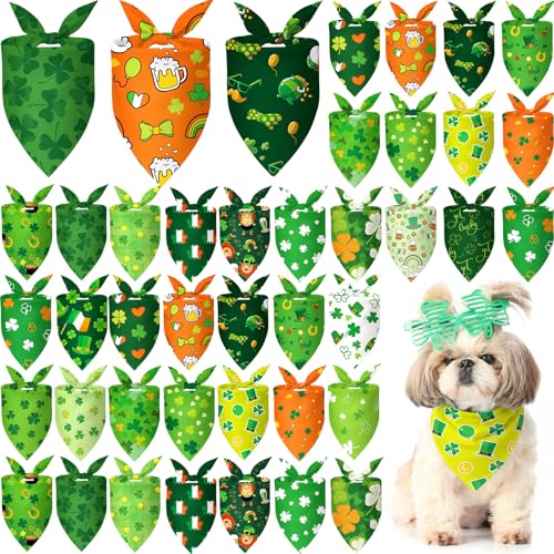 50 Pcs St Patrick's Day Dog Bandanas Bulk Green Shamrocks Bandanas for Dogs Triangle Kerchief Bibs Scarf for Pet Irish Costume Photo Props Pet Shops Groomer (St Patricks Day / 19.7 x 13.8 x 13.8'')