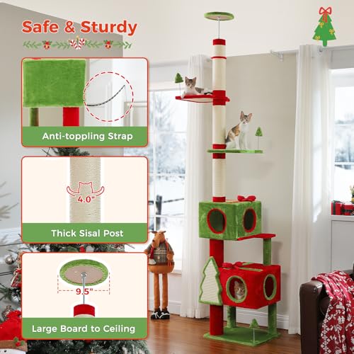 90.9'' 107.8'' Floor to Ceiling Cat Tree for Large Indoor Cats (L Plus(91''-108'') / Christmas Red)