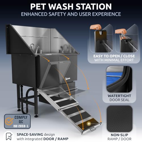 Professional Dog Washing Station 304 Stainless Steel Pet Wash Sink (Black, Left Ramp, 1 Drawer / 40 Inches)