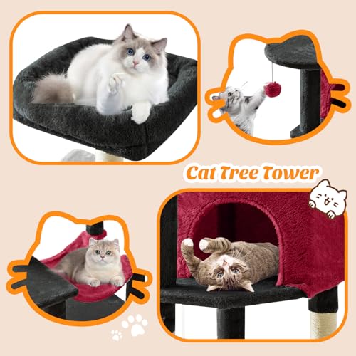44 Inch Cat Tree Tower with Natural Sisal Scratching Posts (Black Red / 44 Inch)