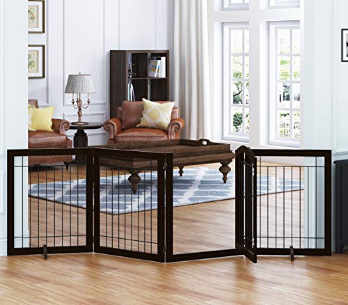 Freestanding Foldable Dog Gate Indoor with Door (Espresso / 【4 Panels with Door】96"W x 30"H)