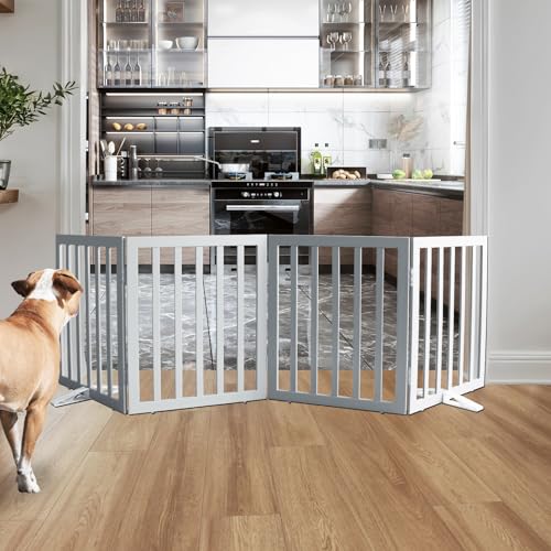 Freestanding Indoor Dog Gate for House Foldable Wood Puppy Gate for Doorways Pet Gate for Stairs Extra Wide Pet Fence (Gray / 【4 Panels】80''w x 24''h)