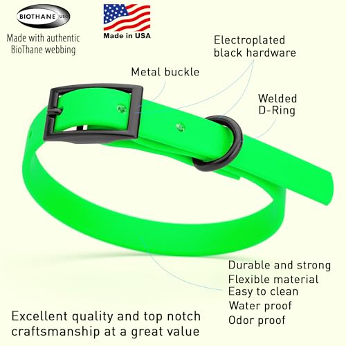 Biothane Waterproof Dog Collar Strong Coated Nylon Webbing with Black Hardware Odor (W1/2" x L9-12" / Tropical Green)