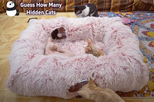 4 Cave Plush XL Cat Tunnel Bed Indoor Cats Peekaboo Toy Mat Pink (Pinkish White)