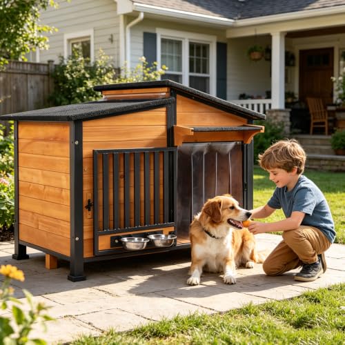 Large Outdoor Dog House with Pet Bowl for Large Dogs