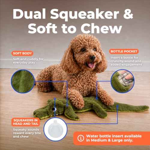 2-in-1 Stuffless Squeaky Dog Toy - Alligator, Medium (Green/Alligator / Medium)