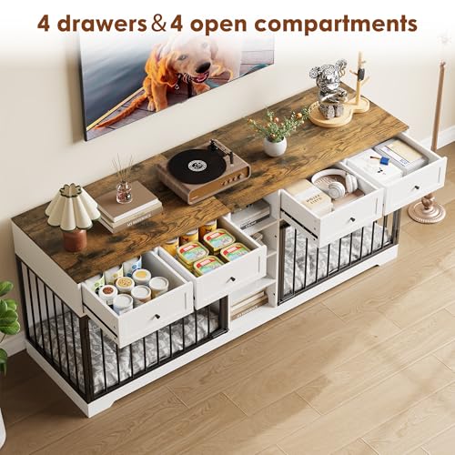 82" Double Dog Crate Furniture with Drawers and Shelves (White / 81.9"L x 23.6"W x 33.5"H)