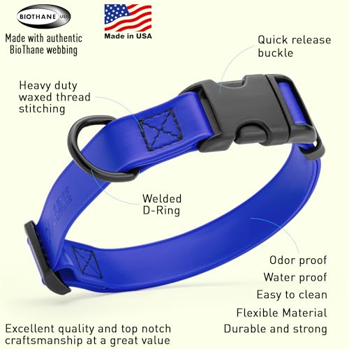 Biothane Waterproof Dog Collar with Quick Release Buckle Strong Coated Nylon Webbing with Odor (1"W by 15-25"L / Blueberry Royal)