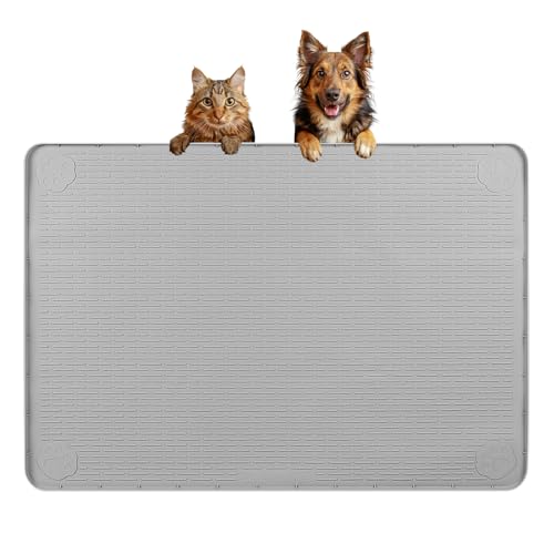 Dog Food Mat 34''x22'' Extra Large Dog Mat for Food and Water (34"L x 22"W / Light Grey)