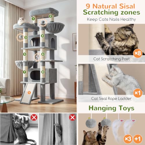 Giant Tall Heavy Duty Cat Tower for Indoor Large Cats (Light Grey / 75 inch)