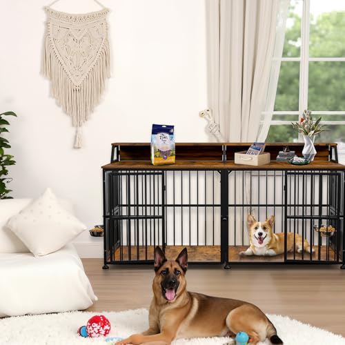 XXL Dog Crate Furniture for 2 Dogs (Rustic Brown & Black / Extra Extra Large Size: 72 x 28.7 x 36.8 inch)