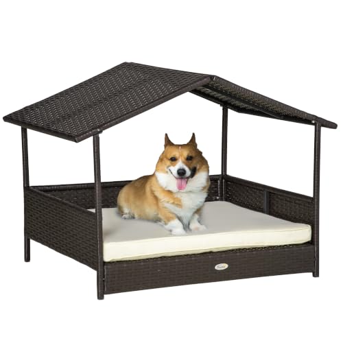 Wicker Dog House Outdoor with Canopy