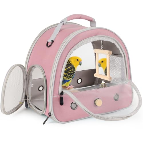Portable Parrot Travel Cage Carrier with Small Swing Toy&Cage Colorful Toys Set Small Bird Parakeet Bag with Standing Perch Bird Carry Transport Bag (Pink / Carrier/mirror)