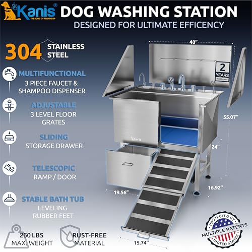 Professional Dog Washing Station 304 Stainless Steel Pet Wash Sink (Silver, Right Ramp, 1 Drawer / 40 Inches)