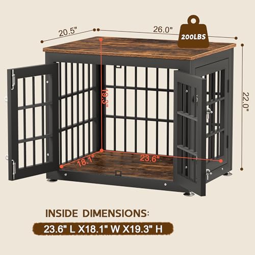 26" Heavy Duty Dog Crate Furniture for Small Dogs (Black + Rustic Brown / 26.0"L x 20.5"W x 22.0"H)