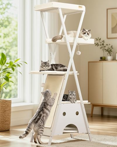 Modern Wood Cat Tree Tower for Indoor Cats Large Adult 67 (67 inch / Rustic White)