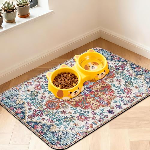 Pet Feeding Mat for Floors Waterproof Dog Mat for Food and Water Absorbent Quick Dry Non Slip mat for Cat Bowls (24"L x 16"W / Boho-2)