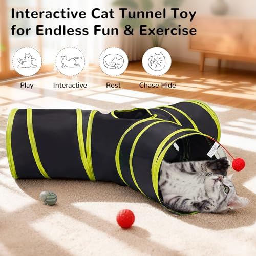 Cat Tunnel, 3-Way Collapsible Toy for Indoor Cats, Black & Yellow (Black & Yellow / Small)