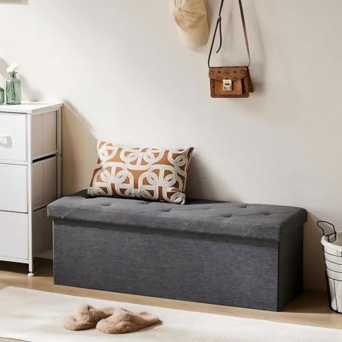 43 Inch Folding Storage Ottoman Bench (Linen Grey / 15"D x 43"W x 15"H)