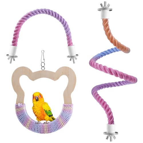 3 Pcs Gradient Bird Perching Rope Set (Colorful / 1 Short + 1 Long + Swing)