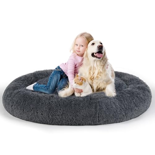 Calming Dog Beds XXLarge Sized Dog Donut Washable Bed 49inchs (Dark Grey / 49.0"L x 38.0"W x 7.0"Th)