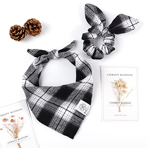 White Black Plaid Dog Bandanas Matching Dog Bandana and Scrunchie (Golden,White / Large)