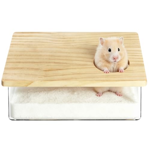 Clear Acrylic Hamster Sand Bath Box with Wood Lid Mini Pet Sandbox (A)