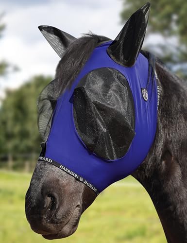 Horse Fly Mask with Forelock Opening Stretch Breathable and Comfortable for Horses UV (Navy / L)