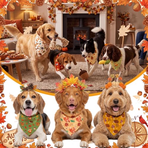 50 Pcs Fall Dog Bandanas Bulk for Autumn Pet Soft Bibs Adjustable Squirrel Fox Hedgehog Kerchief Bandana for Small Medium Large Grooming Accessories (Fall Animals / 25.6 x 17.7 x 17.7 Inch)