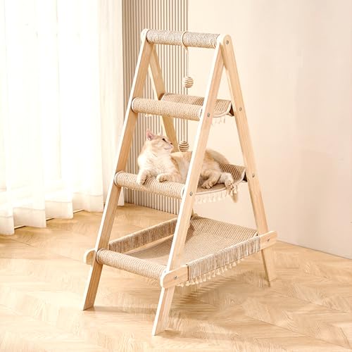 3 Tier Modern A Frame Wooden Cat Tree Tower Ladder with Multi (Beige)