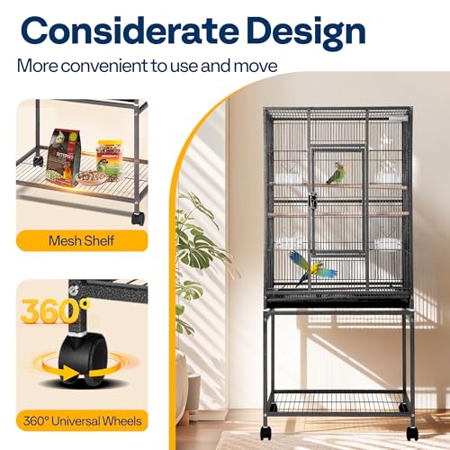 54 Inch Wrought Iron Large Bird Cage with Rolling Stand (Black)