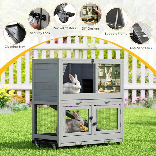 2 Story Wooden Rabbit Hutch for Outdoor & Indoor