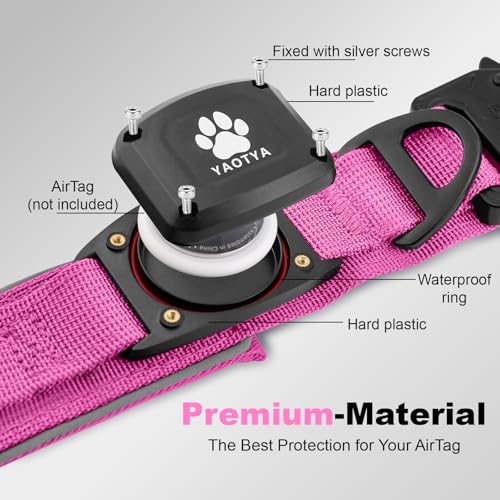 Tactical Dog Collar with IPX8 Waterproof AirTag Holder (Pink / L(16.5"-20.5"))